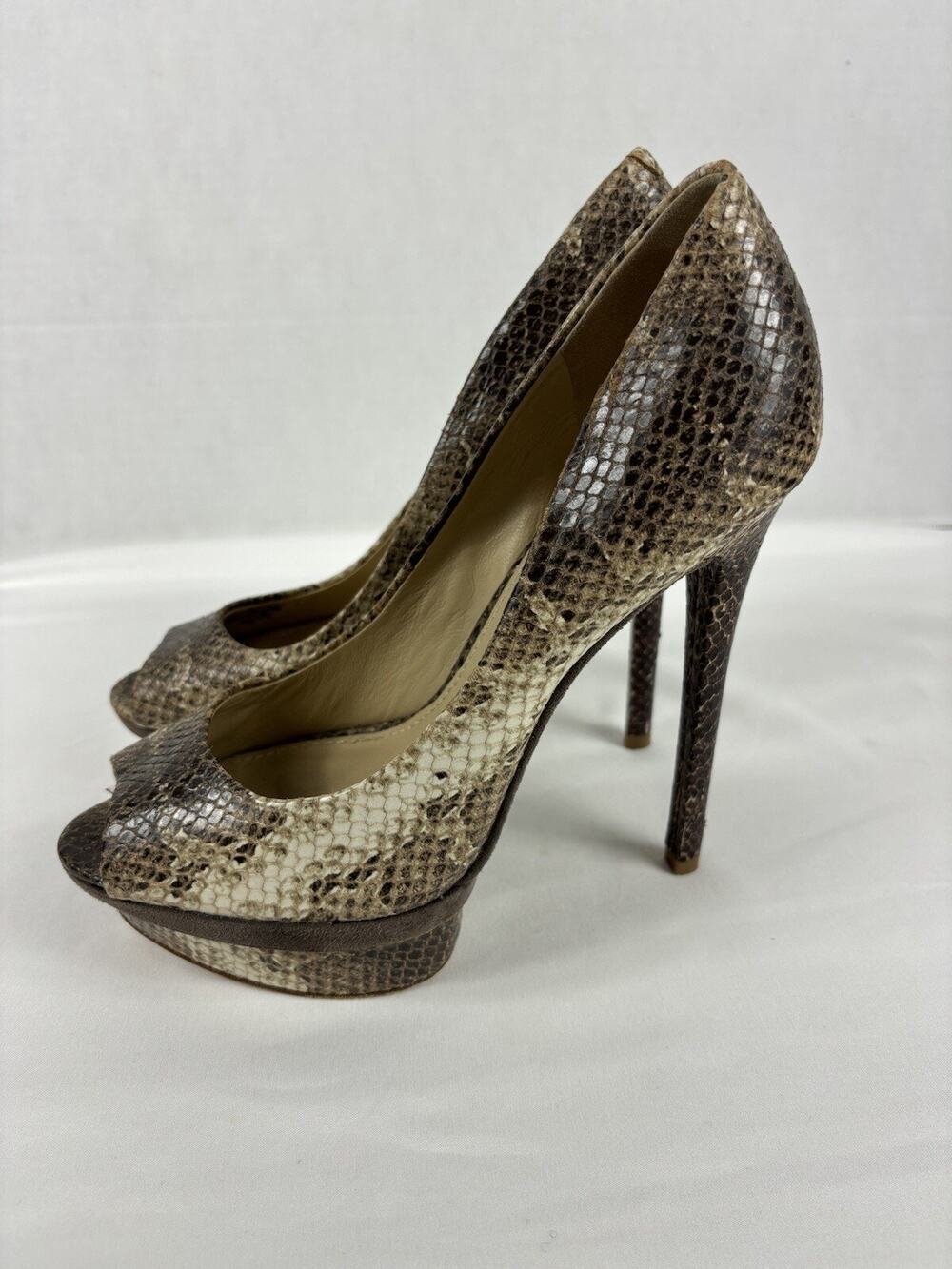Brian Atwood Florencia Platform Heels Snake Print Brown Tan Size 8 Open Peep Toe